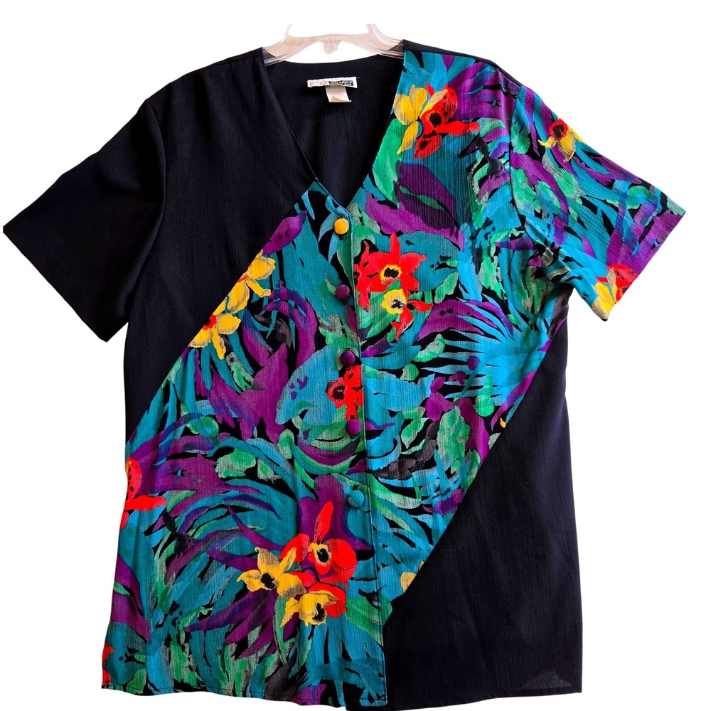Vintage Floral Print Button Down Short Sleeve Top Colorful Artsy Tropicalcore